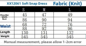 Size chart for stylish soft knit dress with snap buttons showing S, M, L dimensions