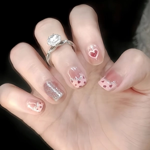 Press On Nails Cinnamon Pink Red Heart French Gradient Silver Glitter ABS Square Round Head Elegant Sweet Women