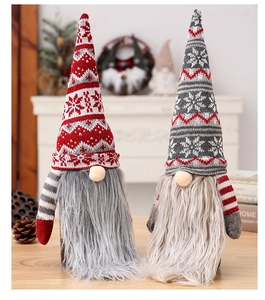 Close-up of two knitted Christmas gnome bottle covers with red and grey plush long beards