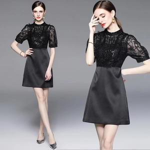 Elegant Black Patchwork Dress Lace Satin Short Sleeve Sequin Beaded High Waist Party Evening Women Clothing