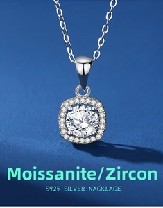 Macro shot of S925 sterling silver square pendant necklace with round moissanite center