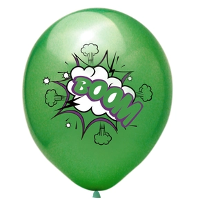Close-up of green latex superhero balloon with BOOM comic print for birthday party décor