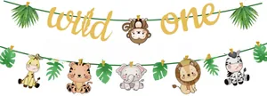Banderole anniversaire Wild One avec animaux de la jungle et feuilles tropicales