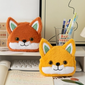 Cartoon fox plush coin purse for storage, cute embroidered animal pouch on a desk