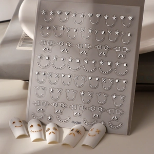 Self-adhesive 3D silver nail stickers with cute cartoon emoticons and metallic stars