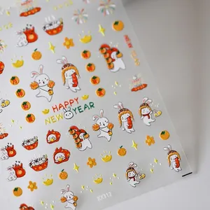 5D Relief Chinese New Year Nail Stickers Year Of Rabbit PET Self Adhesive Manicure Decals Red Gold Festive Decor
