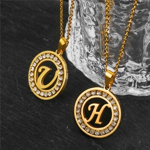 Gold stainless steel letter necklaces U and H with sparkling zircon halo pendant