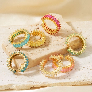 Colorful C-shape ear bone clips with multicolor zircon set in gold plating on stone base