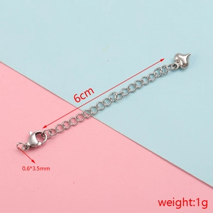 Detailed specs of silver extension chain with lobster clasp and heart tag, 6cm length