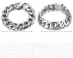Detailed size chart for stainless steel Cuban link bracelets with width and weight specs