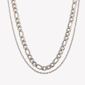 Minimalist double-layer stainless steel silver necklace with Figaro and Rolo chains