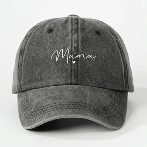 Washed baseball cap with Mama embroidery featuring dimensions for adjustable head size