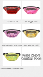 Collection of colorful laser waist bags in red, pink, purple, gold, and neon green options