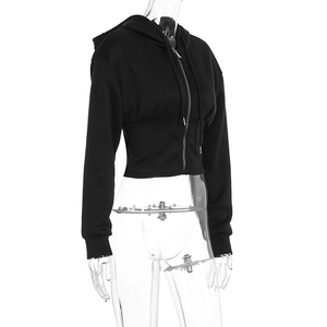 Side view of a cropped black zip-up hoodie featuring a drawstring hood and ribbed cuffs