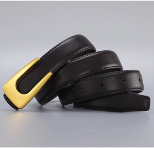 Close-up of dark brown genuine leather belt with premium gold metal buckle and stitching