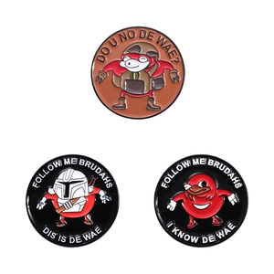 Cartoon enamel lapel pins with meme characters and funny English phrases on white backdrop