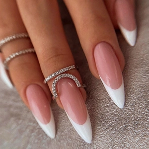 French Style Press On Nails Long Pointed Almond Shape Pink And White Gradient Glossy Artificial Fake Nails For Women