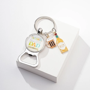 Silver bottle opener keychain with Father's Day pendant and beer glass charms