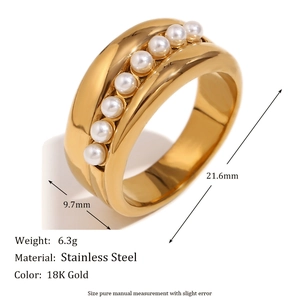 Retro style 18K gold plated stainless steel chunky ring featuring white pearl inlay accents