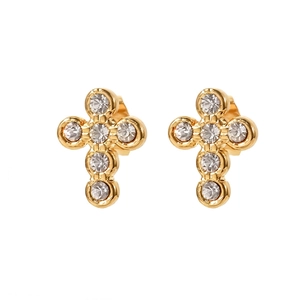 Detailed view of gold cross stud earrings with sparkling white zirconia stones