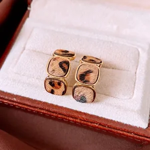 18K gold-plated geometric square earrings with vintage leopard print patterns