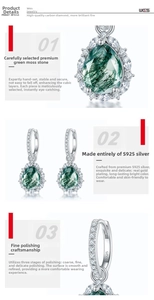 Detailed macro view of S925 silver pear-shaped moss agate earring with gold plating