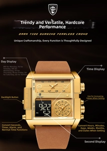 Detailed view of square gold dual-display watch with luminous hands and brown leather strap