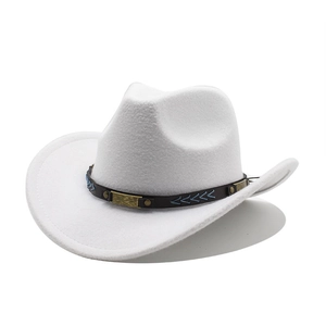 Classic white wool felt cowboy hat with embroidered brown leather band and metal details