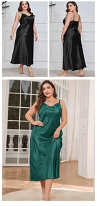 Detail view of smooth black and dark green satin plus size slip dresses for women