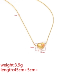 Minimalist gold heart pendant necklace with snake chain and size dimensions displayed