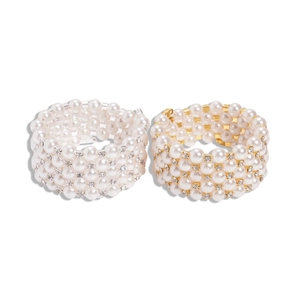 Baroque multi-layer pearl open bracelet with rhinestones in gold and silver finish