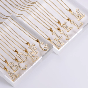 18k gold plated stainless steel A-M letter necklaces with sparkling crystal pavé charms