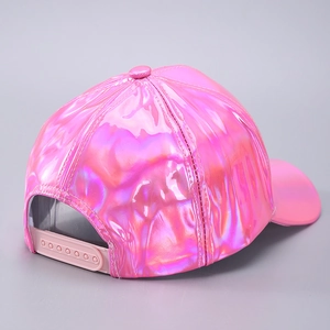 Rear view of pink holographic waterproof PU baseball cap with adjustable strap