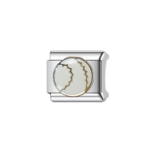 Silver stainless steel bracelet charm featuring a white and gold baseball stitch design