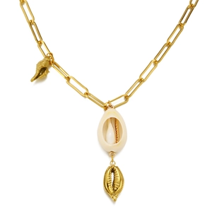 Layered gold chain necklace with white natural seashell and gold conch pendants