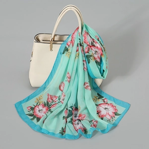 Women Chiffon Scarf Long Satin Feeling Sun Protection Thin Breathable Floral Butterfly Printed Shawl Wrap Fashion Accessory