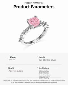 Detailed spec sheet of S925 silver ring featuring a 1.75ct pink ice flower cut zircon stone