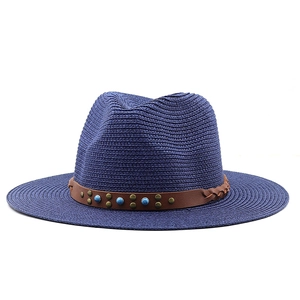 Classic dark blue straw fedora hat with a beaded leather band for summer outdoor protection