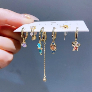 Chic 6-piece gold earring set with colorful zircon and playful charm pendants