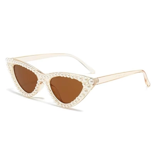 Cat eye sunglasses with pearl-encrusted frame and translucent champagne temples for women
