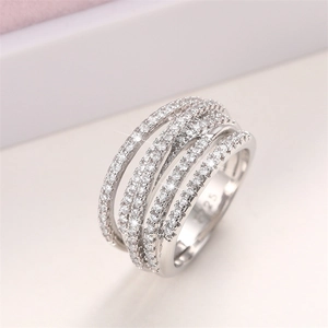 Macro shot of S925 sterling silver multilayer intertwined ring with micro-pave zirconia