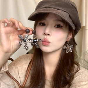 Vintage leopard print resin flower pendant earrings with silver needle studs for women