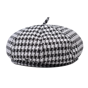 Houndstooth Beret Hat Vintage French Style Winter Warm Painter Cap Fashion Accessory Women