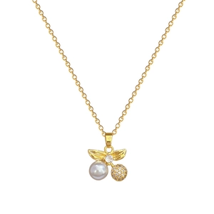 Titanium steel cherry jewelry set with pearls and rhinestones on a gold chain
