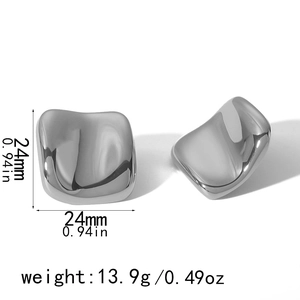 Detailed view of silver irregular square earrings showing 24mm size and 13.9g weight