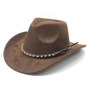 Classic dark brown suede western cowboy hat with decorative braided leather hatband