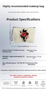 Linen makeup bag detail showing 25cm by 17cm dimensions and floral heart pattern