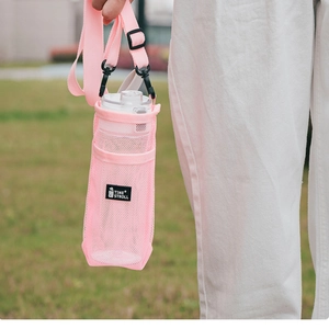 Pink mesh water bottle carrier with adjustable strap for kids outdoors