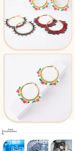 Detail of handmade Miyuki bead hoop earrings with Bohemian flower patterns on gold rings