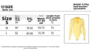 Detailed size chart for V-neck long sleeve bodysuit with bust and waist measurements